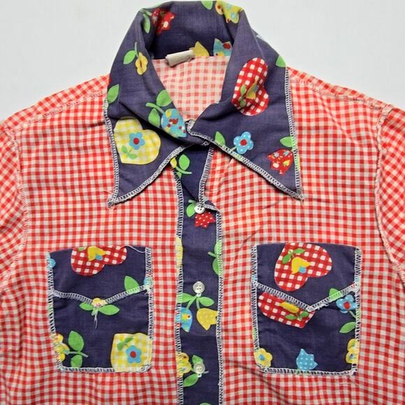 Vintage Floral Patchwork Shirt Red Gingham Long Sleeve Retro Medium Blouse 70s - Picture 4 of 10